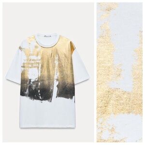 NWT. Zara White Washed Golden Metallic T-Shirt. Size L.